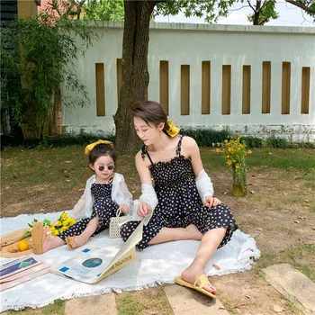 Rodzic-dziecko zestaw rodzic-dziecko letnie wakacje styl pasek szerokie spodnie rodzic-dziecko koreański шифоновый garnitur