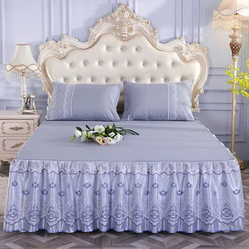 Romantyczny kwiatowy wzór koronki i jedwabiu podwójne łóżko spódnica,antypoślizgowa koronkowa narzuta łóżko dystrybucja queen size łóżko spódnica king size