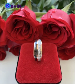 Różowe złoto wolframu pierścionek Mężczyźni Kobiety pierścień z czarnym włóknem węglowym i jasne метеоритной wkładką 8 mm wygodne dopasowanie