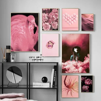 Różowy Kwiat Róży Balon Flamingo Cukierki Uchwyt Sztuka Płótnie Malarstwo Skandynawskie Plakaty I Reprodukcje Ścienne Obrazy Do Salonu Wystrój