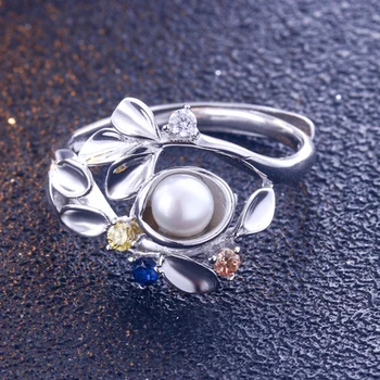 S925 srebro naturalne świeża woda pearl regulowany pierścień dla kobiet kreatywnych liście AAA CZ ślub zaręczyny partia biżuterii