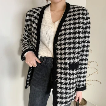 SHENGPALAE 2021 koreańskiej zimowa damska kurtka V-neck jednorzędowy gruby czarno-białą kratę z długim rękawem płaszcz ZC136