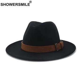 SHOWERSMILE hacki damska wełniana фетровая kapelusz z paskiem skórzanym pasem Panama Zima Jesień szerokie pola Jazz трилби męski sombrero czapka