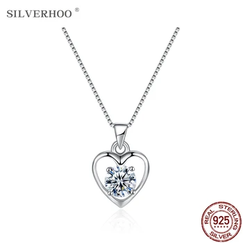 SILVERHOO 925 srebro próby romantyczny puste serce wisiorek naszyjnik Dla kobiet okrągły CZ naszyjnik srebro biżuteria Ślub prezent