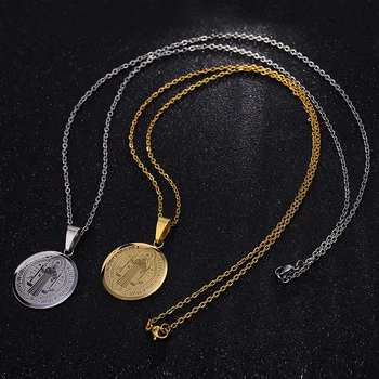 San-Benito Medal Wisiorek Święty Benedykt Złoty Kolor Stal Nierdzewna Jezus Wisiorki I Naszyjniki Dla Religijnych Biżuteria Medalion Prezent