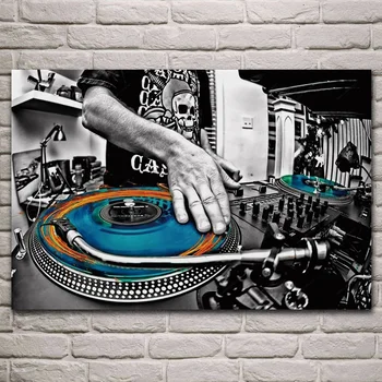 Selektywne kolorowanie gramofony muzyka męskie ręce DJ tkaniny plakat salon w domu ściany ozdobny płótno, jedwab art print KL216