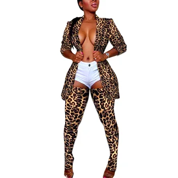 Sexy Leopard Print Moro Kolorowe Koraliki Damskie Płaszcze Garnitury Klub Nocny Długie Pończochy Długie Rękawy Klapy Szyi Marynarka Kurtka Strój