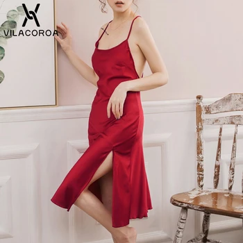 Sexy Silk Bielizna Nocna Sukienka Zielony Czerwony Różowy Bez Rękawów Koszulki Split Kolan Piżamy Damskie Nocne Sukienki Dla Kobiet