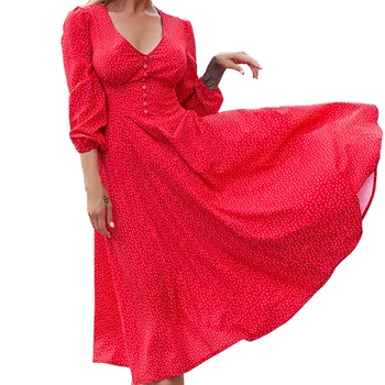 Sexy V Neck Z Bujną Rękawem Red Christmas Woman Dress High Waist Button Elegant Party Dresses Dot Casual Fashion Dresses Vestidos