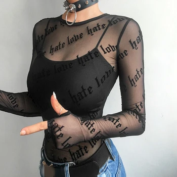 Sexy gothic punk-damskie netto koronkowe koszulki See-through Perspektywa Letter Print z długim rękawem stretch topy
