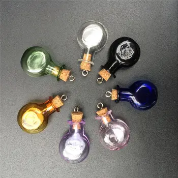 Spłaszczone, okrągłe mini butelki szklane z metalowym oczkiem korki DIY małe artystyczne słoiki słodkie prezenty butelki zawieszenia mieszane 7 Kłos