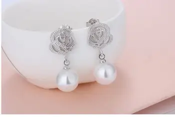 Srebro próby 925 10 mm okrągłe perły kwiat róża kolczyki drop dla kobiet moda partii akcesoria biżuteria eh279