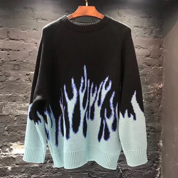 Sweter męski sweter hip-hop ulica odzież Harajuku retro płomień wzór elastan O-neck oversize odzież Męska para męskich swetrów