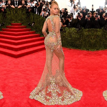 Syrena Gwiazdy Sukienki Sexy Czerwona Utwór Beyonce Gorąca Przezroczysty Tiul Koronki Kryształ Rhinestone Luksusowy Suknia Wieczorowa