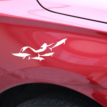 Syrenka i Delfin wysokiej jakości samochodowa naklejka dekoracja okna samochodu osobowość PVC wodoodporna naklejka czarny/biały, 18 cm*8 cm