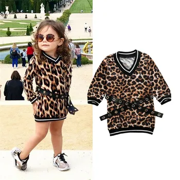 Słodkie dziecko nowonarodzone dzieci Baby Girls Dress Leopard Print Long Sleeve Top T-Shirt Dress with Leather Belt Party Children Dress