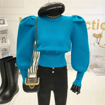 Temperament sweter damski Jesień/Zima 2020 moda okrągły dekolt rękawy puff pokaż slim top