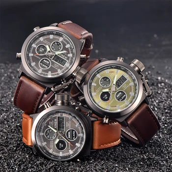 Top Brand Luxury Men Chronograph Digital LED zegarek Kwarcowy zegarki sportowe na świeżym powietrzu wojskowe Relogio Masculino zegarek ze skórzanym paskiem