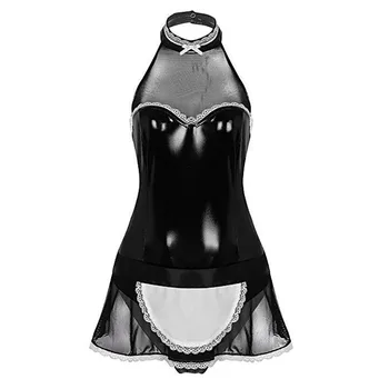 Top Fashion Women ' s Sexy Black One-Piece-Patent Leather Hollow Maid Outfit europejskie i amerykańskie seksowna bielizna hurt