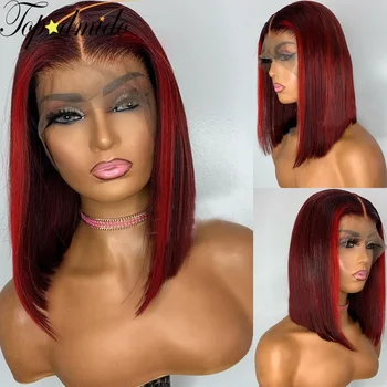 Topodmido ciemno-czerwone peruki z ludzkich włosów z prostymi włosami 150 gęstość 13x6 Krótki bob koronki przodu peruk dla kobiet brazylijskie peruki z włosów Remy