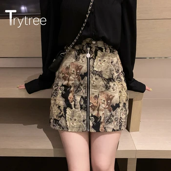 Trytree 2020 wiosna dla kobiet z dwóch części zestaw codzienny V-neck однобортная bluzka bluzki + spódnica mini piękny kot Zamek-2 szt.
