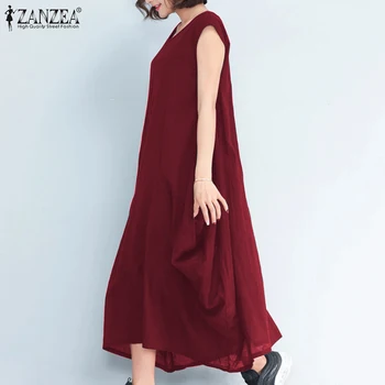 Tunika damska asymetryczna szlafrok Femme ZANZEA kobiety bez rękawów codzienne święto stałe Vestidos sukienka Midi sukienka plus rozmiar 5XL