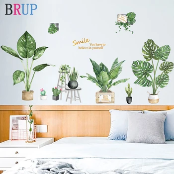 Twórczy duży zielony liść naklejki na ścianę świeże rośliny doniczkowe Wystrój Domu do sypialni Europa styl dekoracji sali uśmiech tapety