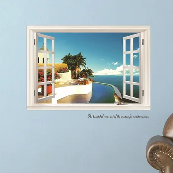 Twórczy fałszywe okna Paisagem plakat naklejki Winylowe śródziemnomorskie krajobrazy Wystrój ścian wymienny PVC naklejki naścienne tapety