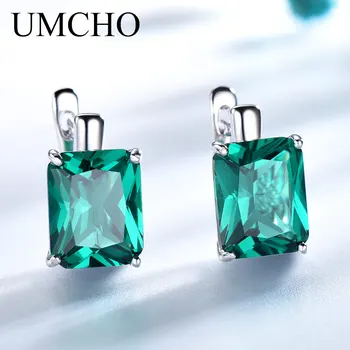 UMCHO Luxury Rectangle Created Emerald Clip kolczyki 925 srebro kolorowe kolczyki z kamieni szlachetnych dla kobiet prezenty