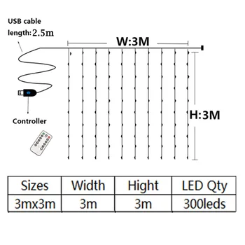 USB 5v LED String lights 3x3m miedziany przewód główny kartki ślub dekoracje odkryty garland hakowi kurtyna blichtr wspaniałe światło