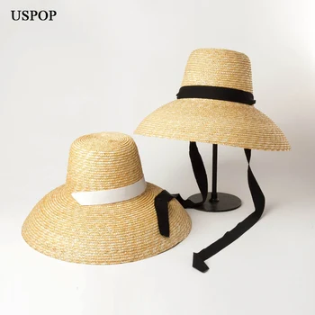 USPOP 2020 nowe letnie kapelusze dla kobiet naturalne otręby słomkowe kapelusze z wysokim płaskim dachem długie taśmy sznurowane okulary, kapelusze z szerokim rondem kapelusze plażowe