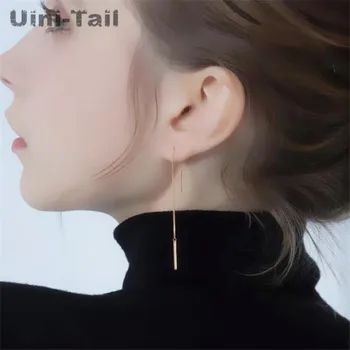 Uini-Tail hot new 925 srebro próby prostokątna geometryczna linia ucha osobowość pędzelkiem proste temperament słodki długa linia ucha