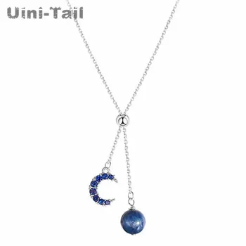 Uini-Tail hot new 925 sterling silver dream dark blue moon planet naszyjnik moda słodki wysoka jakość długość regulowana ED549