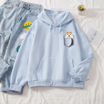 Ullzang Harajuku Kawaii Shiba Inu Z Kapturem Śmieszne Bawełniane Bluzy Kobiety Słodkie Koreański Styl Zimowa Bluza Kieszeni Zbyt Duży Kaptur
