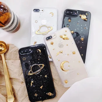 Universe Moon sky Case for iPhone X 8 7 Plus 6 6s 6 plus Soft TPU Glitter Flash Powder Star Cover Phone Back Fundas Coque Brand