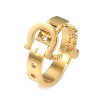 Urządzony W Luksusowym Kryształ Okrągły Pusty Pas Z Łańcuchem Pierścień Złoty Kolor Stal Nierdzewna Sworzeń Pierścienie Dla Kobiet, Mężczyzn Biżuteria Prezenty Ślubne