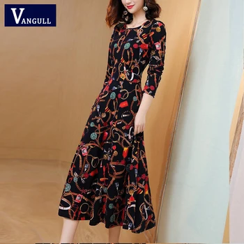 Vangull Women Dress Fashion 2019 new Summer Autumn High Zwężone Pockets Long Vintage Chic Slim Female Print odzież Damska