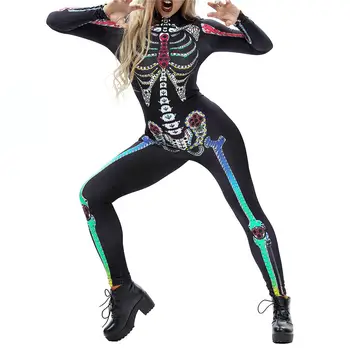 Vintage szkielet straszny kostium zabawny Playsuit skinny body z długim rękawem body drukowanie 3D czaszki zombie Halloween kostium cosplay