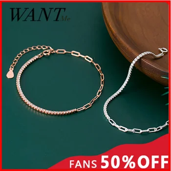 WANTME luxury Pave Cyrkon kubańska łańcuch bransoletka i bransoletka dla kobiet prawdziwe srebro 925 eleganckie ślubne biżuteria akcesoria