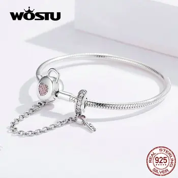 WOSTU 925 srebro serce Klucz bezpieczeństwa łańcucha bransoletki różowy Cyrkon bransoletka dla kobiet 925 srebro biżuteria FIB143