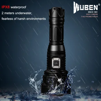 WUBEN super mocny led latarka latarka USB Akumulator Cree XHP70 3200 lumenów 26650 bateria osiąga 454 m światło T102