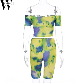 WYHHCJ Tie Dye Off Shoulder Women Matching Sets Bodycon Hot Short Sleeve Two Piece Outfits Sznurek Top And Biker Shorts Set