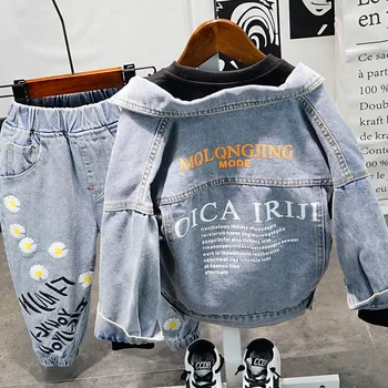 Wiosna jesień odzież Dziecięca zestaw Baby Boys zestaw ubrań chłopiec jeansowa kurtka + t-shirt+ dżinsy dzieci garnitur chłopiec 3szt zestaw 2-6лет