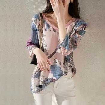 Wiosna, lato styl kobiety szyfonowa bluzka koszula Lady casual z długim rękawem V-neck drukowanych szyfon Blusas topy DD8954