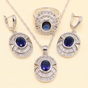 XUTAAYI srebrne komplety biżuterii dla kobiet niebieska cyrkonia biały kryształ Niezwykłe naszyjniki ślubne/pierścień/kolczyki zestaw