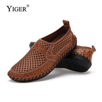 YIGER New Men Shoes Net skóra naturalna lata dorywczo męskie sandały męskie mokasyny buty leniwy styl oddychająca duże rozmiary 38-48 0060