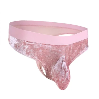 YiZYiF Męskie Różowe Majtki Bielizny Sheer Velvet Low Rise Bikini Majtki Bielizna Sissy Wybrzuszenie Worek Majtki Sexy Gay Bandaże