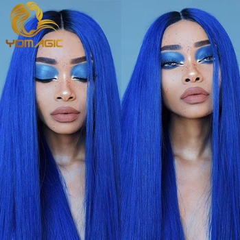 Yomagic Blue Color syntetyczne peruki dla kobiet, naturalne, proste koronki przodu peruka dostępne kolorowe peruki cosplay na imprezę