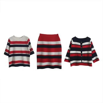 Z dzianiny w paski zestaw z 3 przedmiotów damski wełna sweter + sweterek z krótkim rękawem topy + wielokrotnego spódnica sylwetkę garnitur damskie zestawy 2019