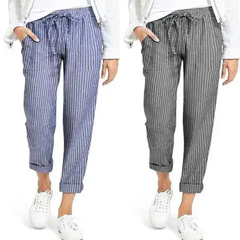 ZANZEA plus rozmiar pasiaste spodnie modne spodnie damskie jesień elastyczny pas bawełna pościel панталон rzepa codzienny harem Palazzo